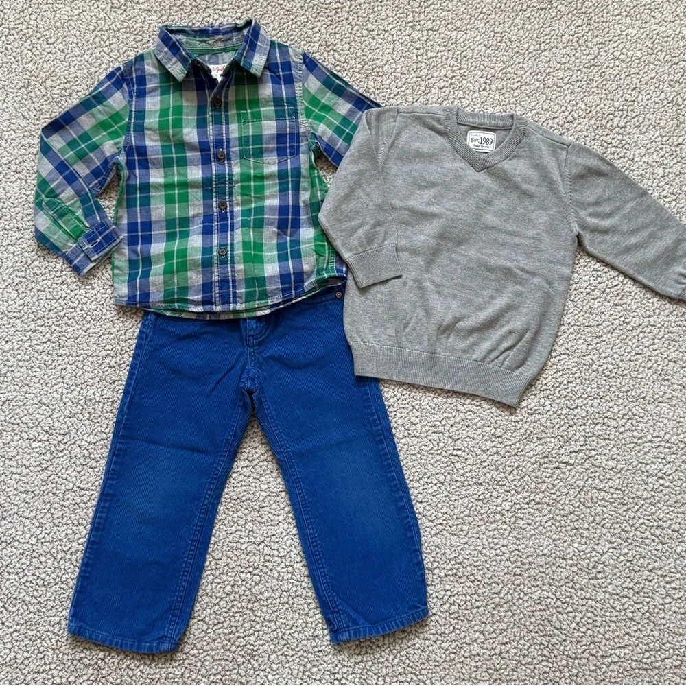 🧸 Adorable Outfit • Blue & Green Plaid Shirt with Blue Corduroys + Grey Sweater